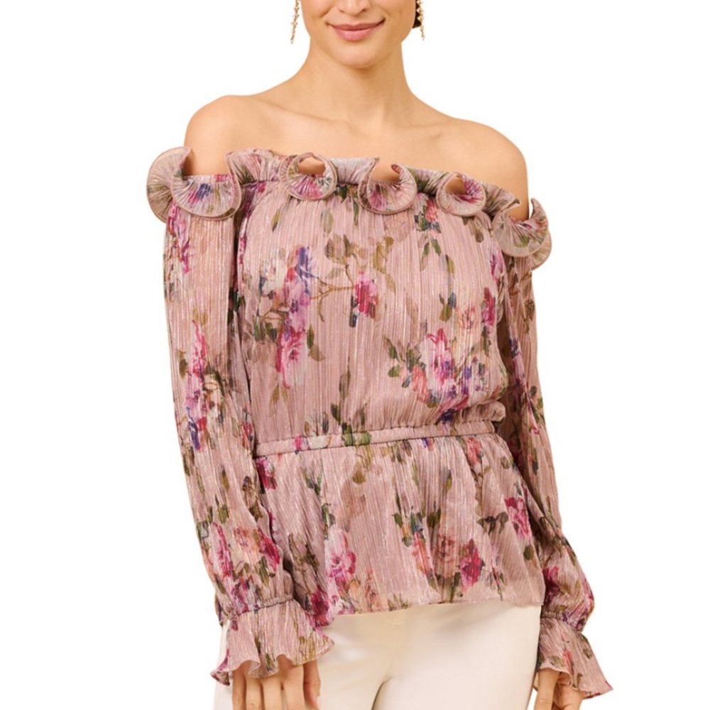 Adrianna Papell Metallic Off-Shoulder floral, mesh top.
